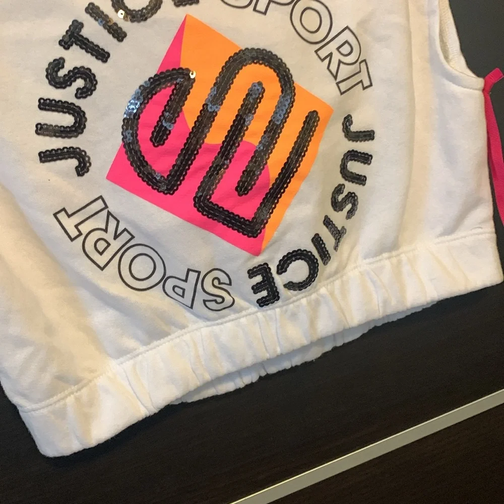 Justice Sport Girls White Short Sleeve Pullover Graphic Hoodie - NWOT